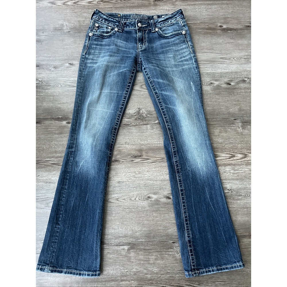 Miss Me Low Rise Bootcut Jeweled Back Flap Pockets Jeans Full Length Womens 28